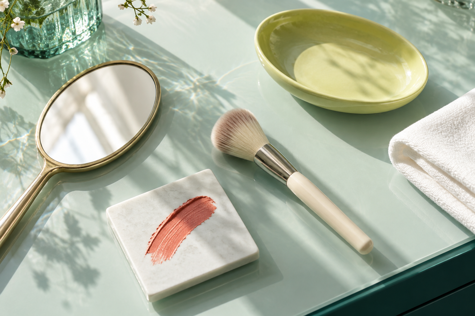 Original editorial still life of a mirror, brush and soft colour on sea-glass green