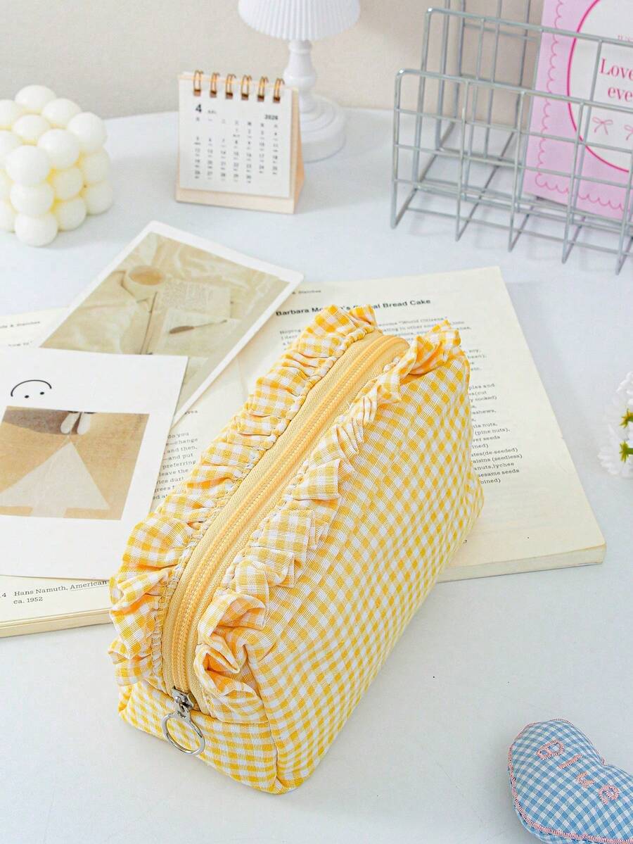 Plaid Ruffle Makeup Bag