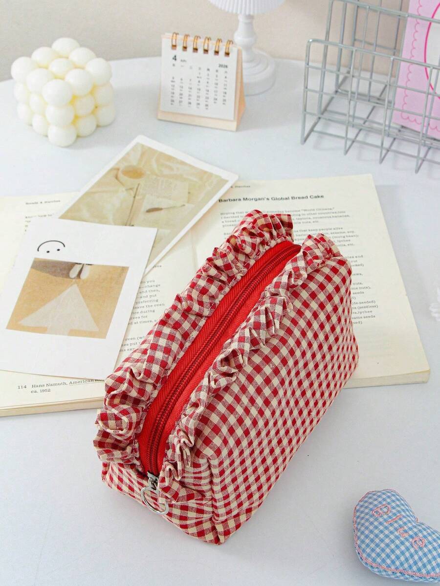 Plaid Ruffle Makeup Bag