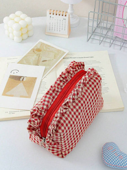 Plaid Ruffle Makeup Bag