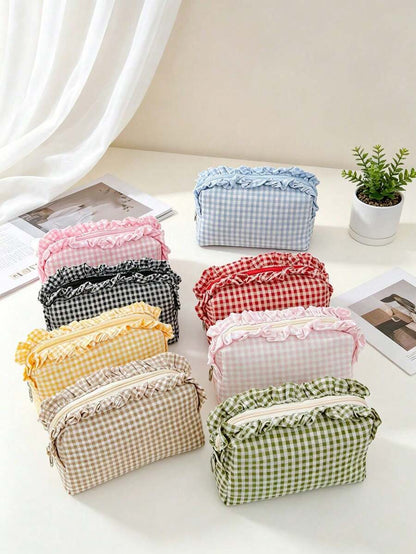 Plaid Ruffle Makeup Bag
