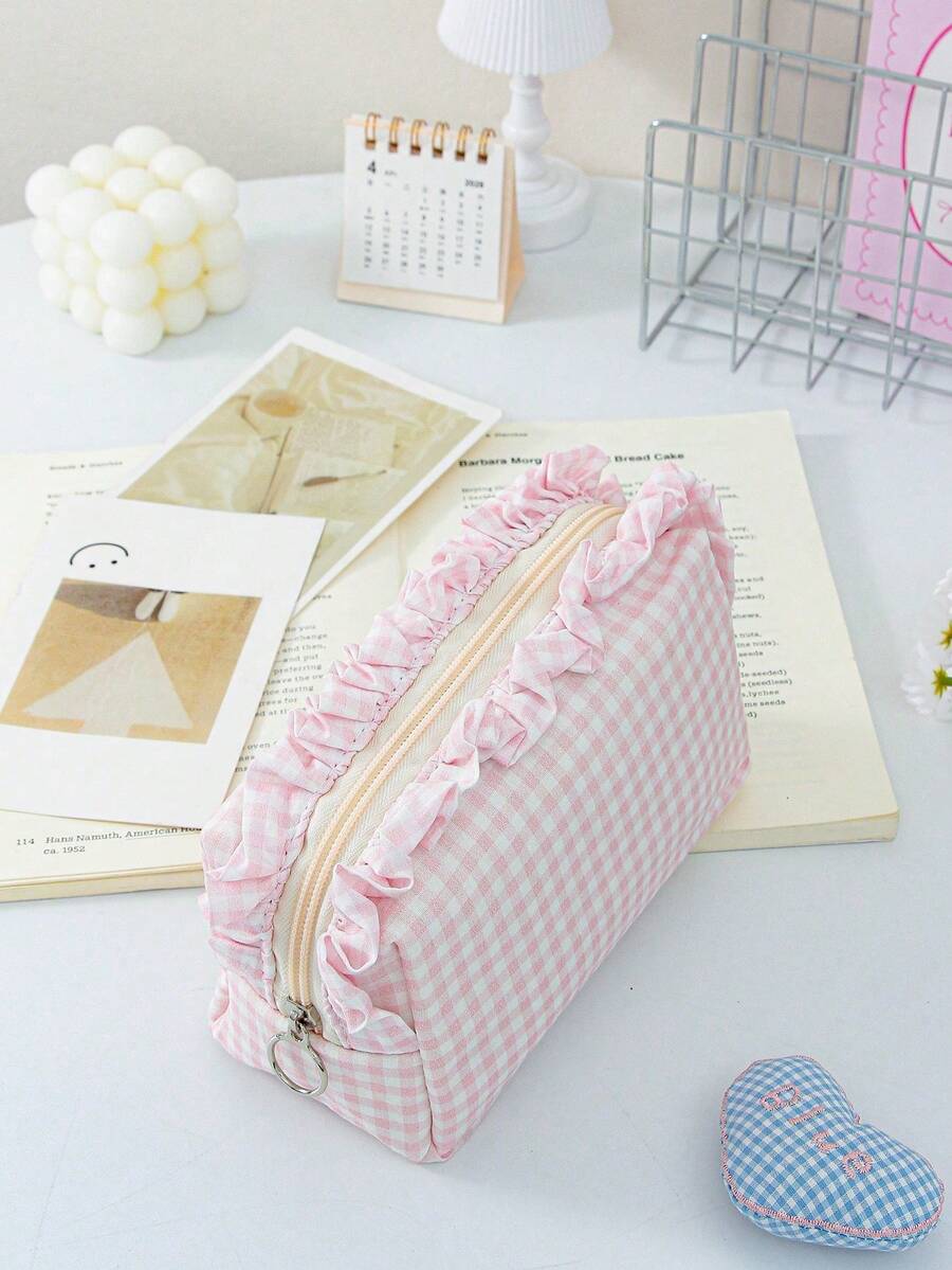 Plaid Ruffle Makeup Bag