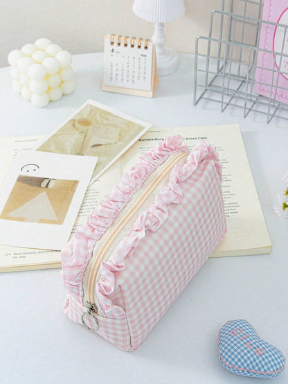 Plaid Ruffle Makeup Bag