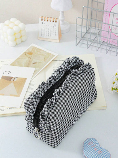 Plaid Ruffle Makeup Bag