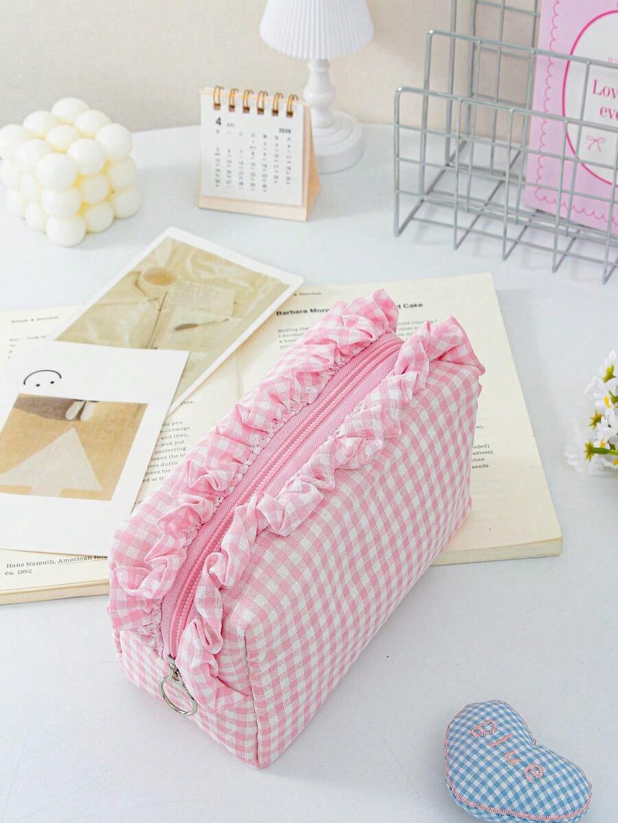 Plaid Ruffle Makeup Bag