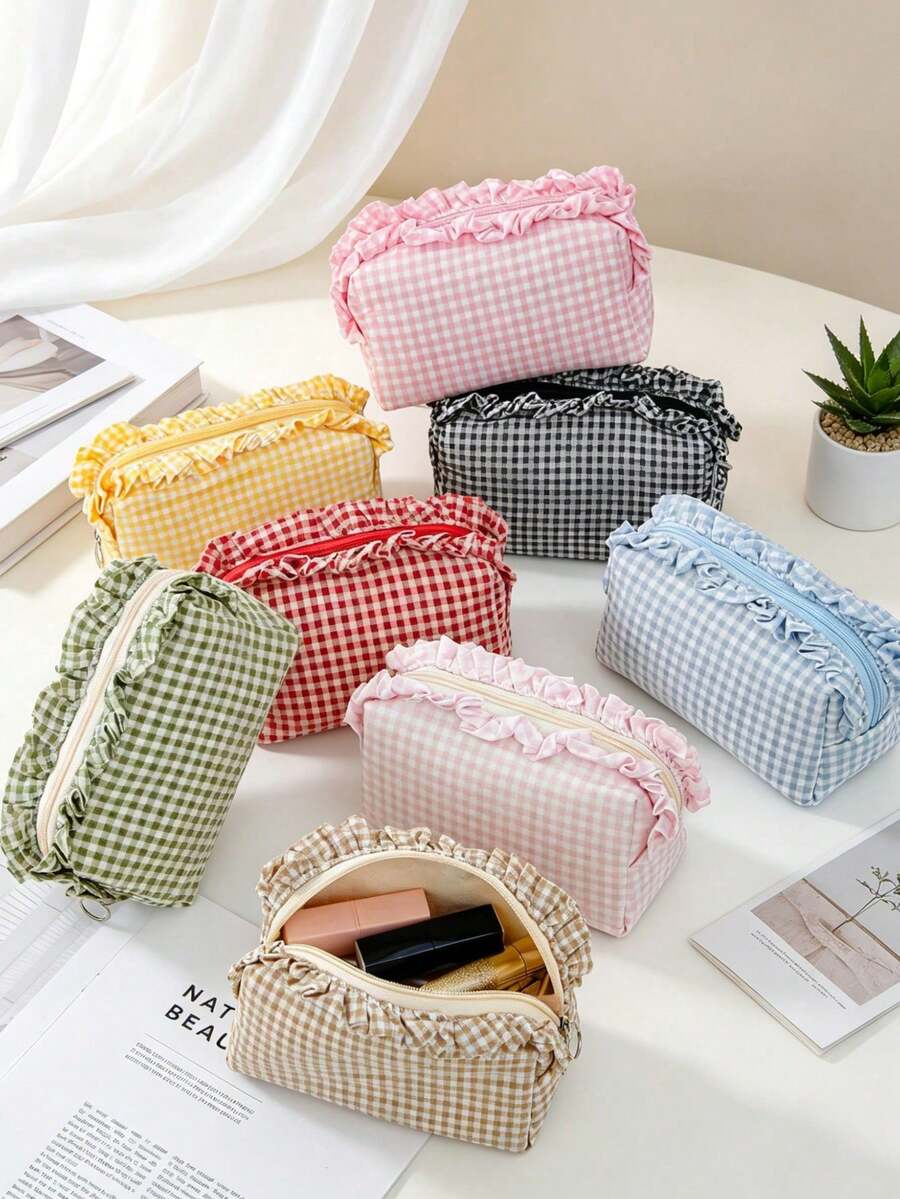 Plaid Ruffle Makeup Bag