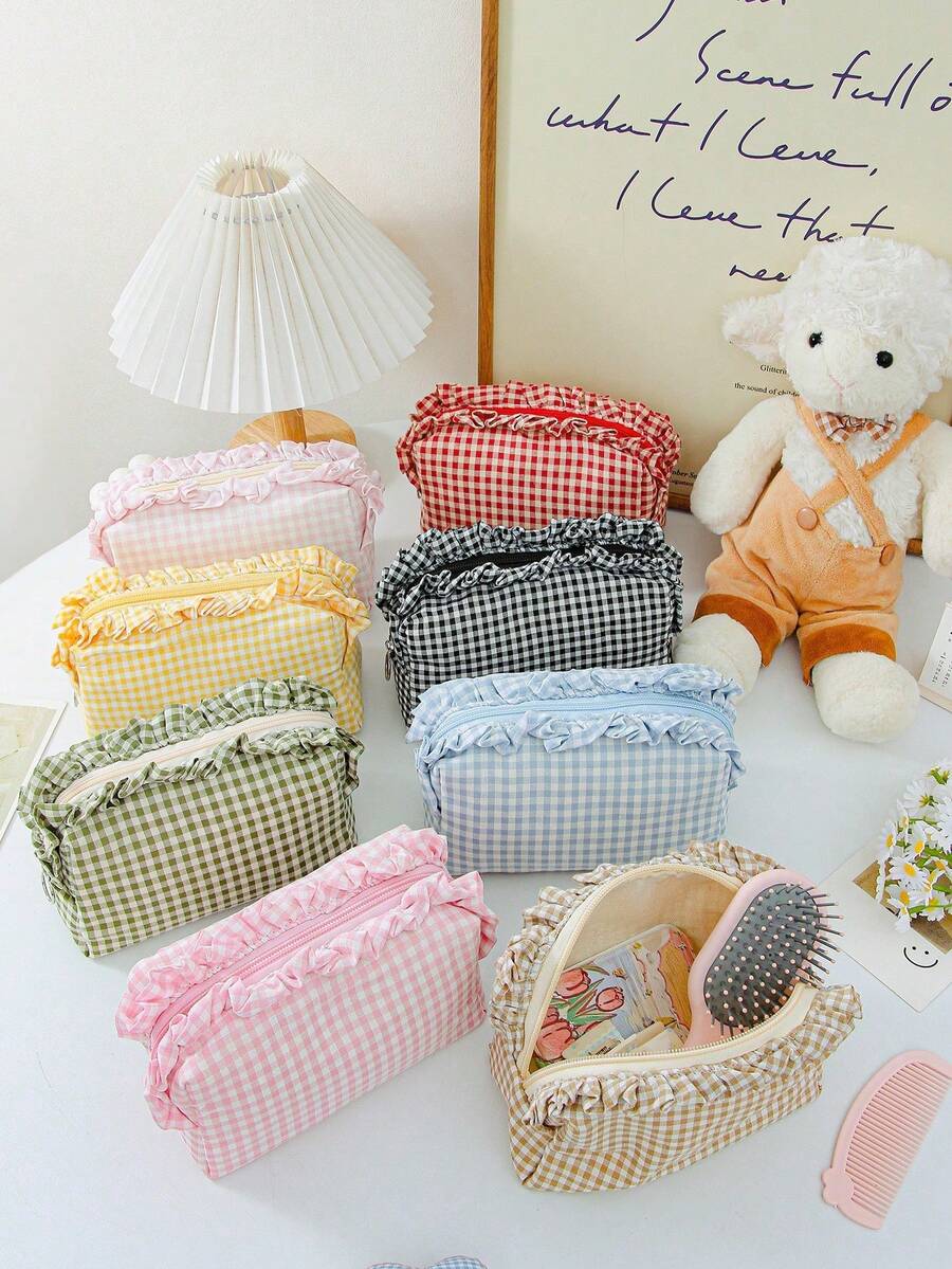 Plaid Ruffle Makeup Bag