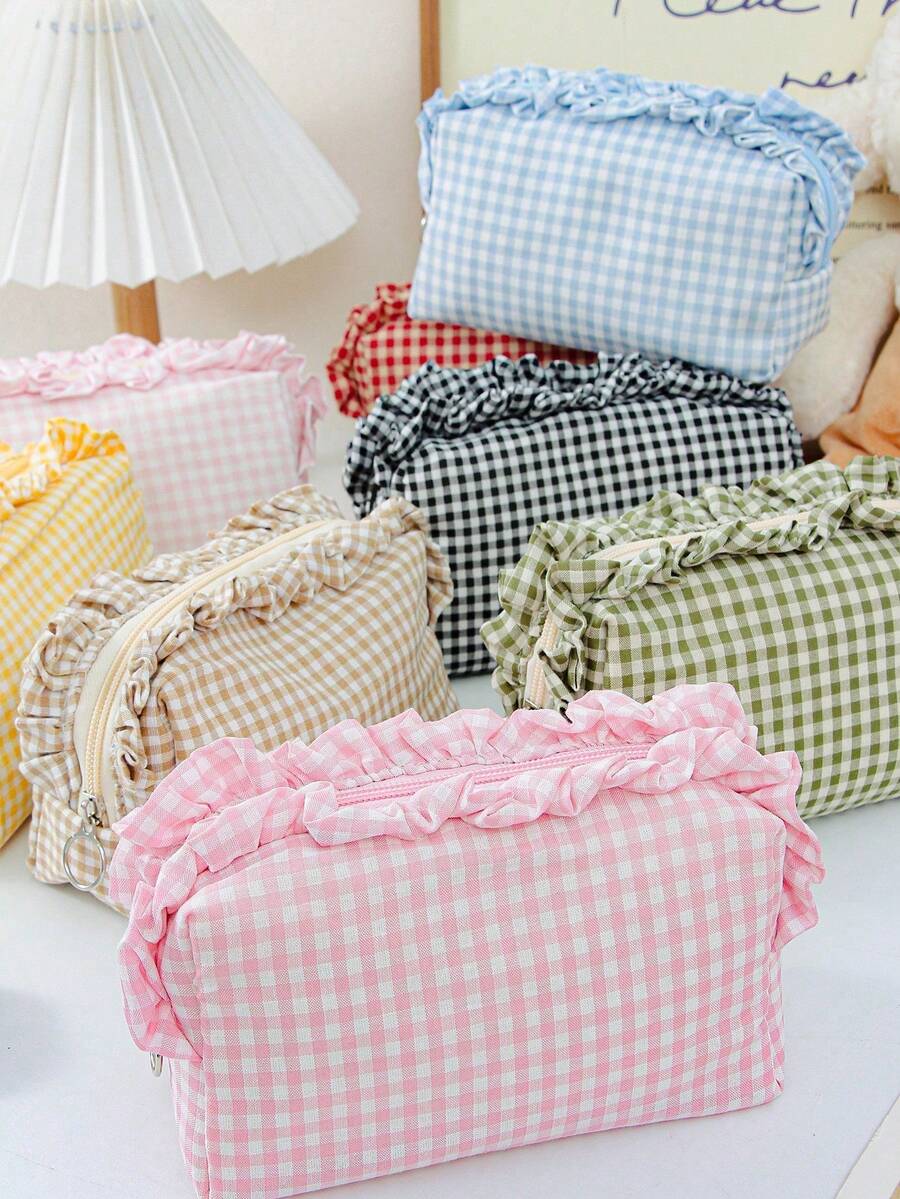 Plaid Ruffle Makeup Bag